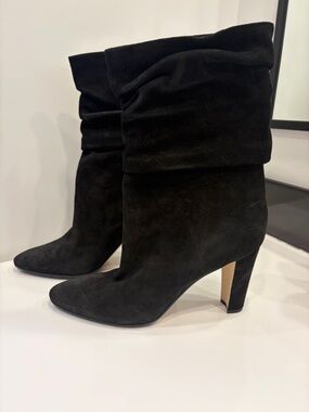 Manolo Blahnik Black Slouch Suede Mid-Calf Heeled Boots